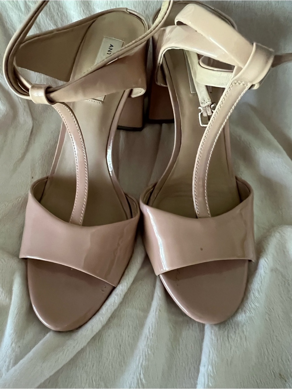 Antonio Melani Blush Patent Leather T-Strap Block Heel Sandals